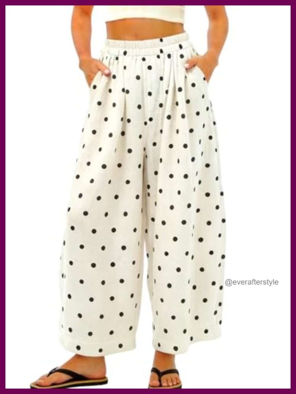 chouyatou Women's Cotton Linen Polka Dot Palazzo Pants Elastic Waist Wide Leg
